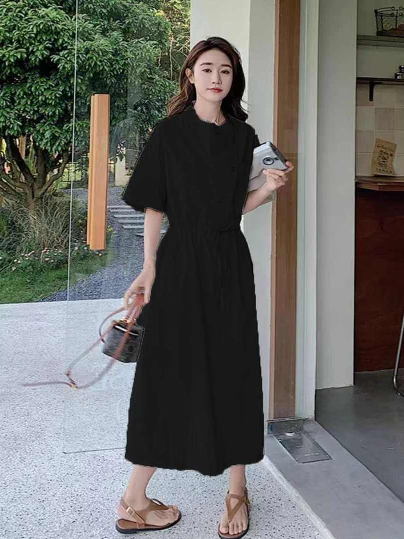 浮力款纯棉长款套头抽绳收腰气质显瘦连衣裙