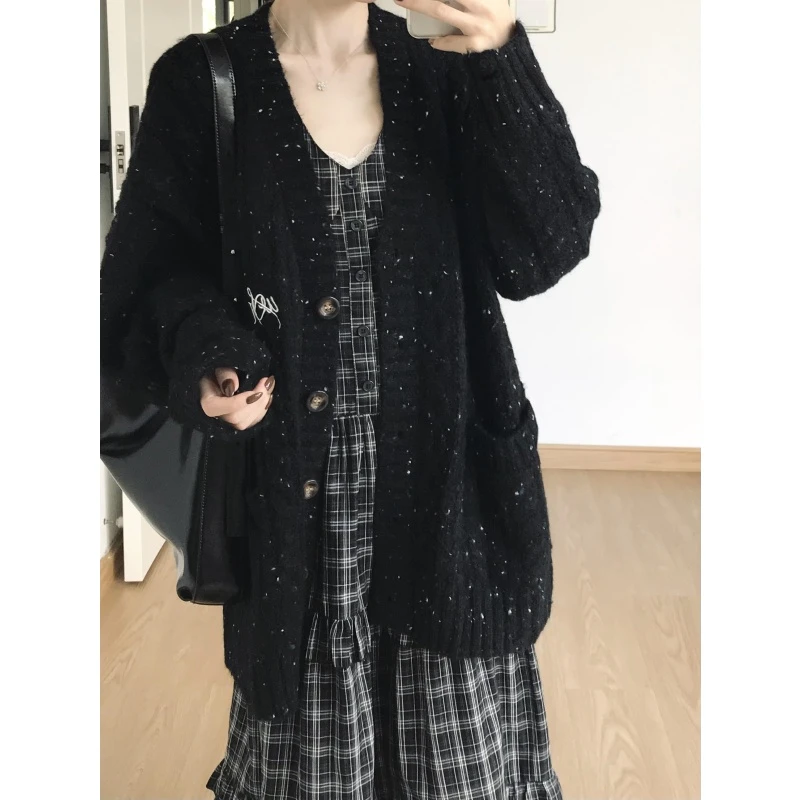 慵懒高级感黑色针织开衫外套女秋季2025新款格子背心连衣裙长裙子