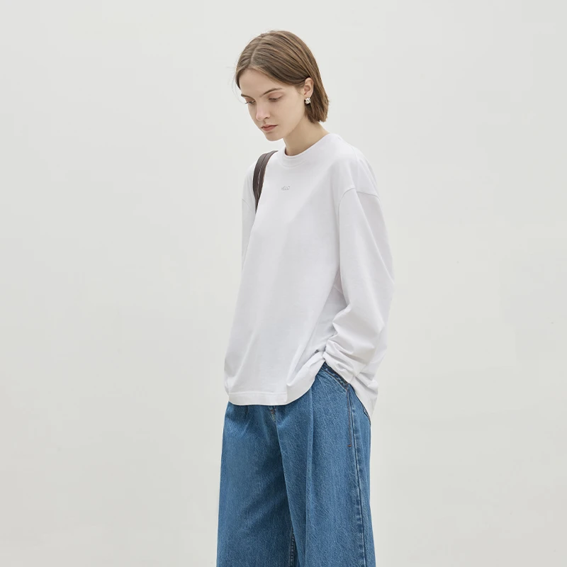 BLUEWEDIAN2025春秋叠穿撞色双层圆领宽松T恤女时尚条纹休闲上衣