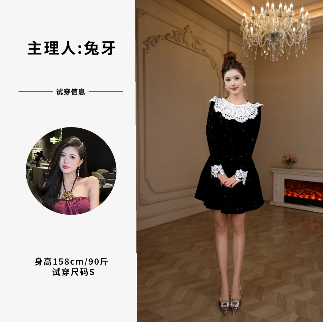 【十七推荐】复古名媛优雅气质秋冬新款连衣裙21989