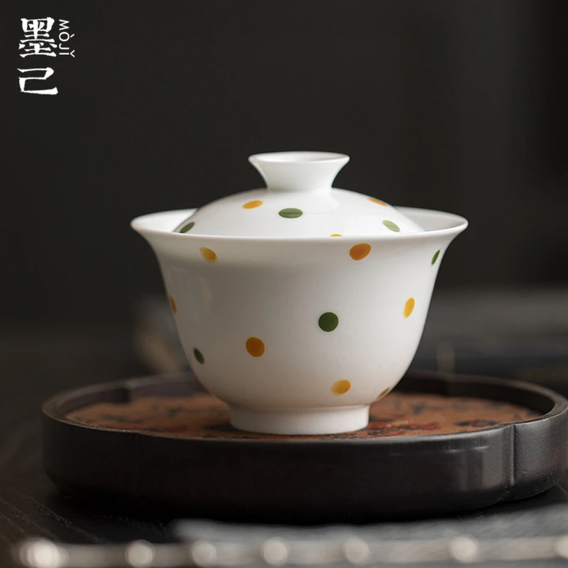 墨己玉泥白瓷手绘波点盖碗功夫茶具家用薄胎泡茶小茶碗创意盖碗