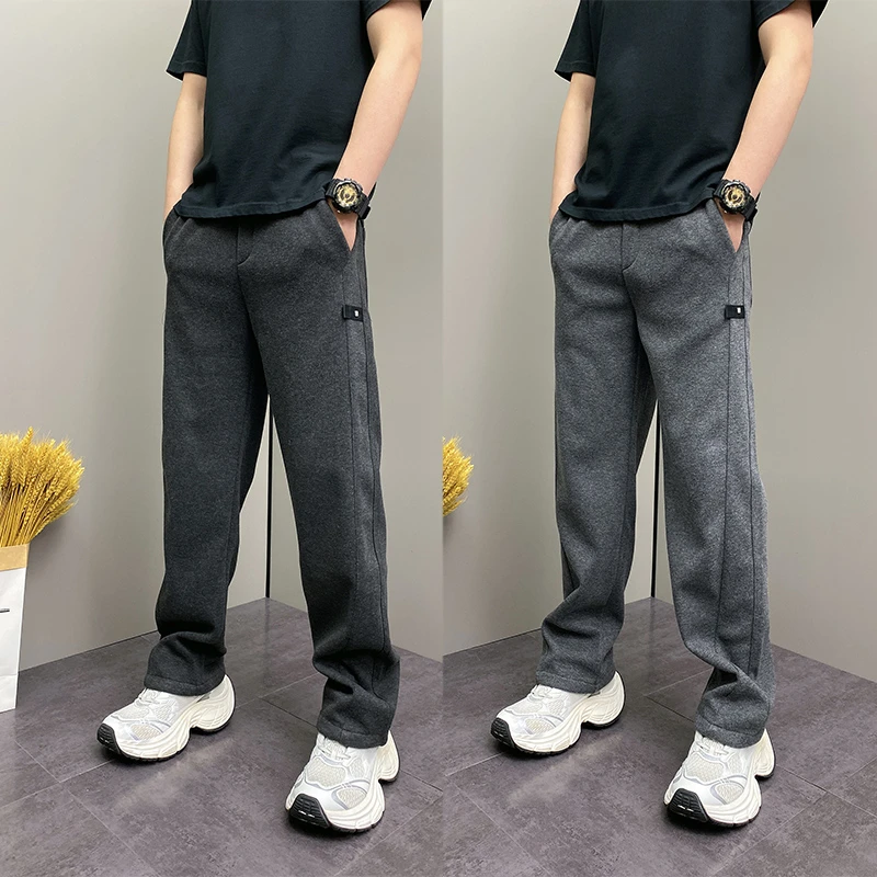 轻奢男装大码潮牌男士时尚新款秋冬复古通勤阔腿显瘦加绒运动裤潮