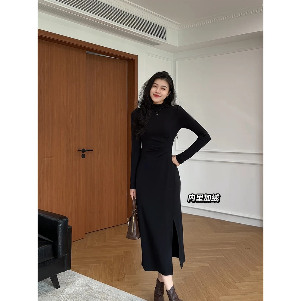 张阿星【法式小黑裙】赫本风百搭半高领气质修身侧开叉加绒连衣裙