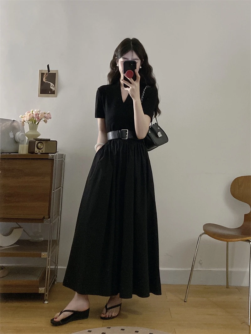 大码女装夏新款简约V领松紧收腰显瘦连衣裙休闲长裙配腰带