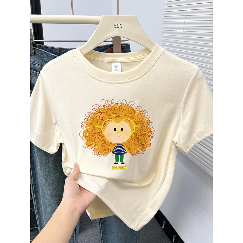 韩版小个子圆领短袖t恤女2025夏季时尚洋气印花显瘦正肩小衫上衣