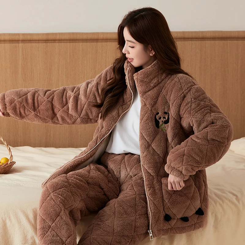 睡衣女秋冬季三层加厚加绒中长款夹棉睡衣女法兰绒女款棉衣家居服