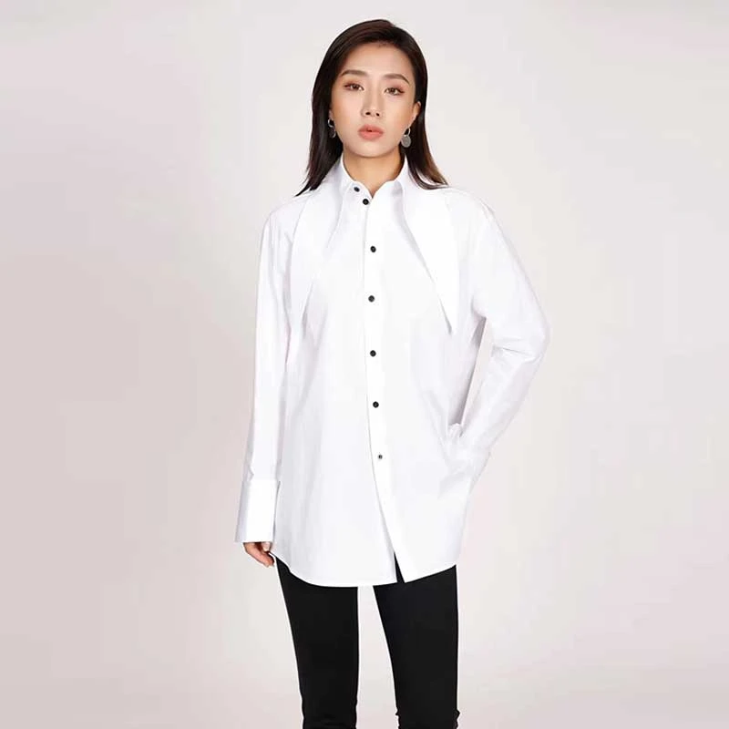 【商场同款】早秋新款宽松时尚百搭纯色燕尾领造型长袖衬衫1300930
