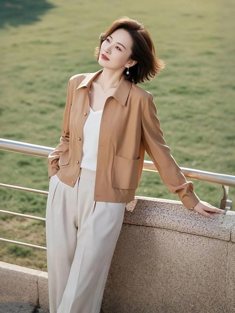 2025春季新款女装小个子短款小香风高级感休闲浅棕色夹克薄款外套