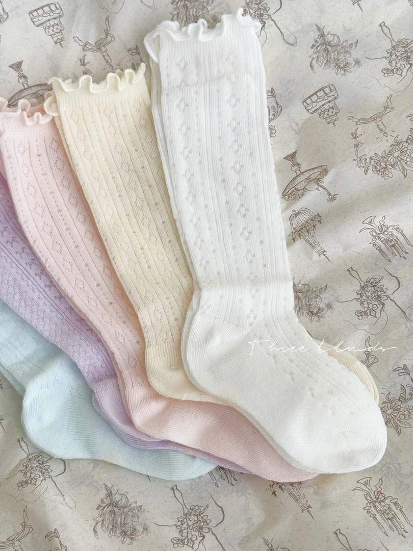 三小朵2513婴儿袜子春夏季新款薄款透气网眼长筒袜木耳边高弹不勒