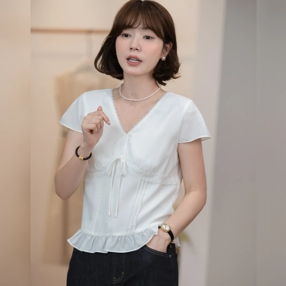 【现货】【白桃气泡】FS504S101花边白色衬衫