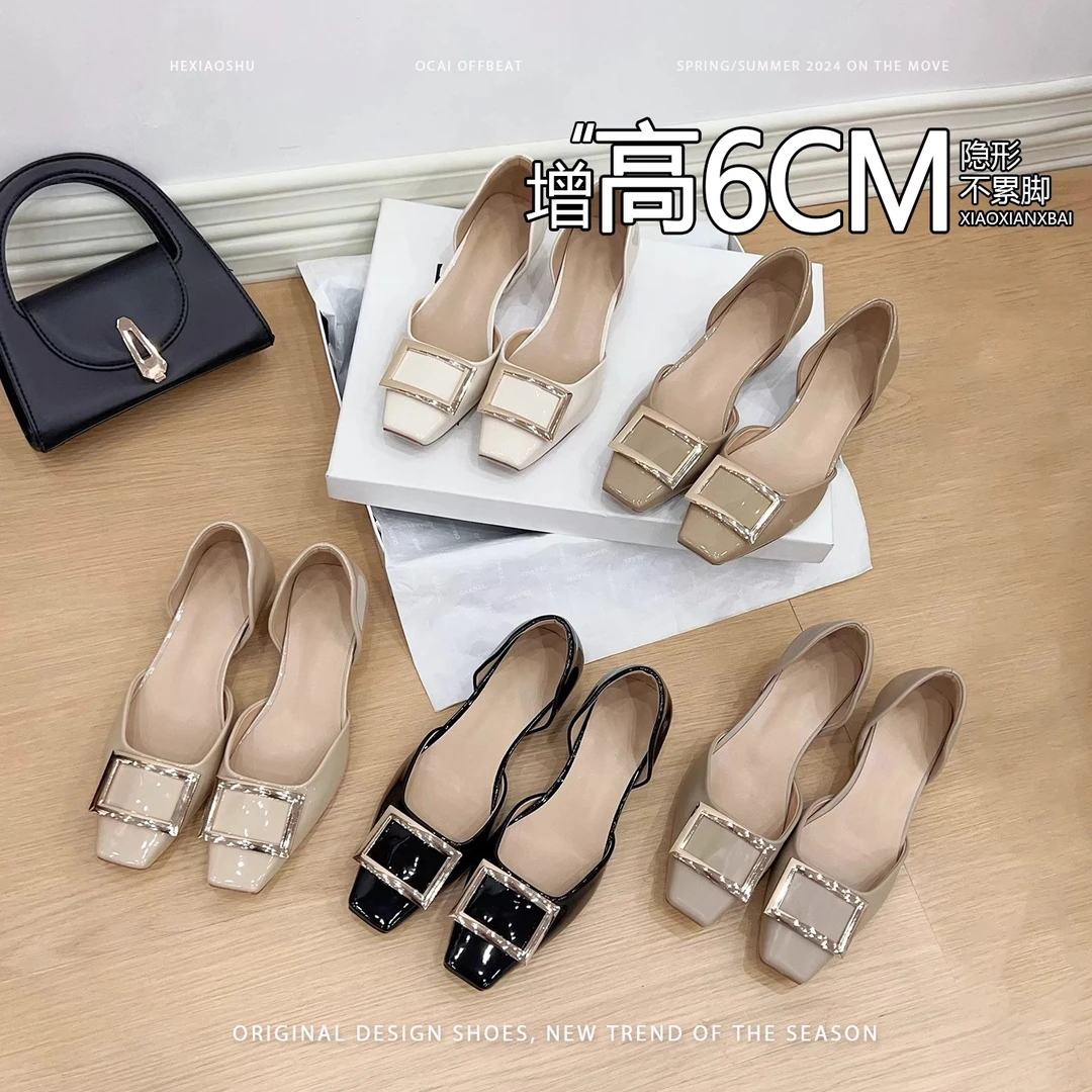 增高6cm经典款金属方扣中空单鞋女2025新款气质方头漆皮凉鞋外穿