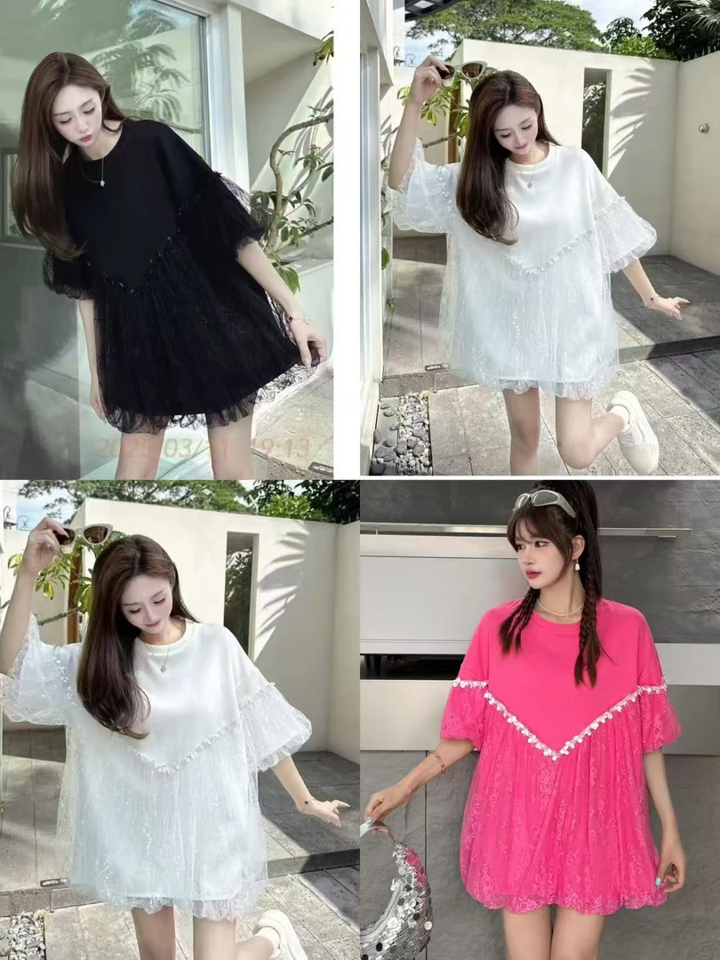 通勤宽松型拼接杂志风短袖T恤重工春夏百搭甜美