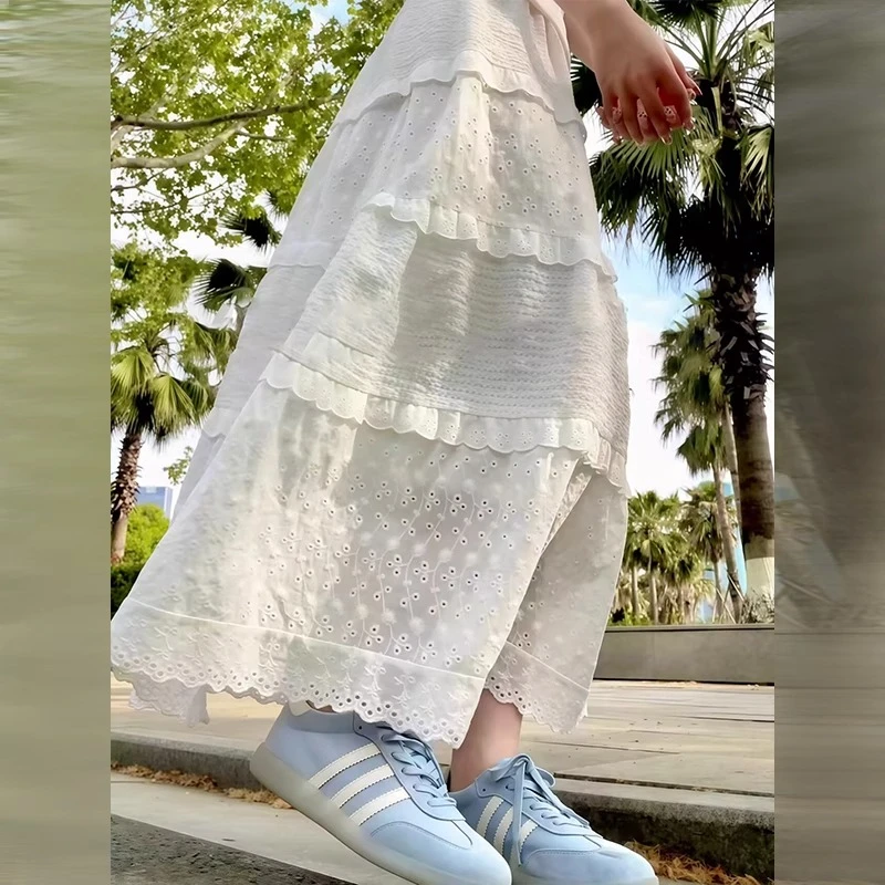 白色蕾丝蛋糕裙女夏温柔纯欲风高腰休闲宽松a字中长款显瘦半身裙