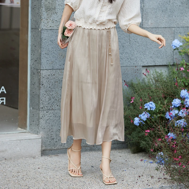 风笛2025夏季新款文艺复古褶皱肌理感宽腰A字裙裙子女半身裙长裙
