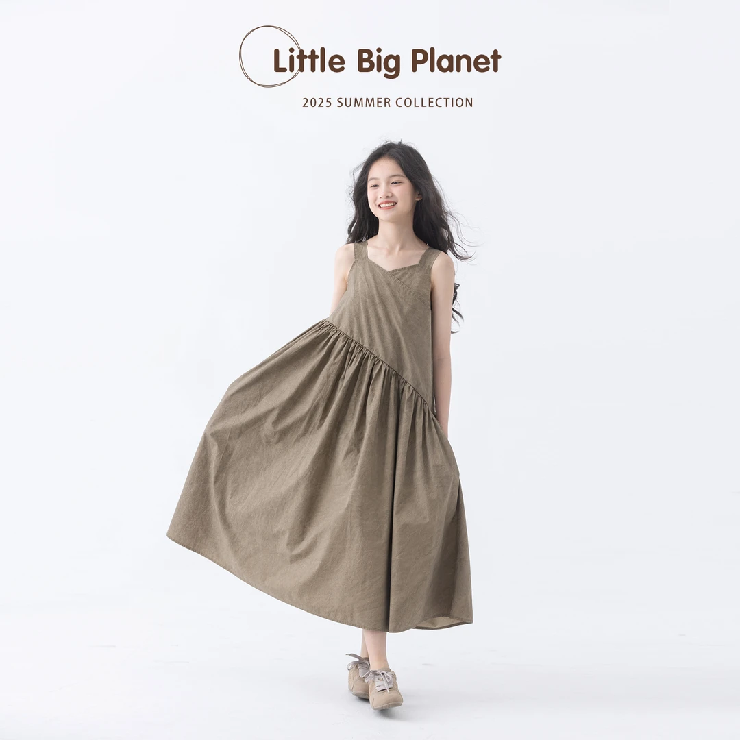 小小大星球童装 艺术感斜剪裁脏染连衣裙 夏季女童文艺大裙摆裙子