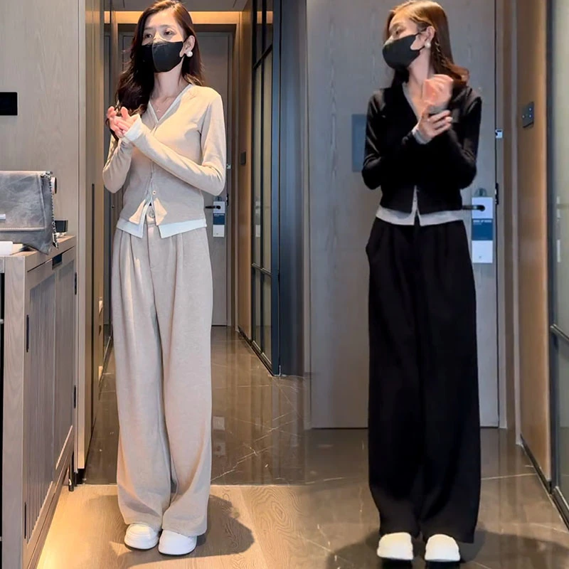 时尚休闲运动服套装女2025年春季韩版拼接假两件上衣阔腿裤两件套