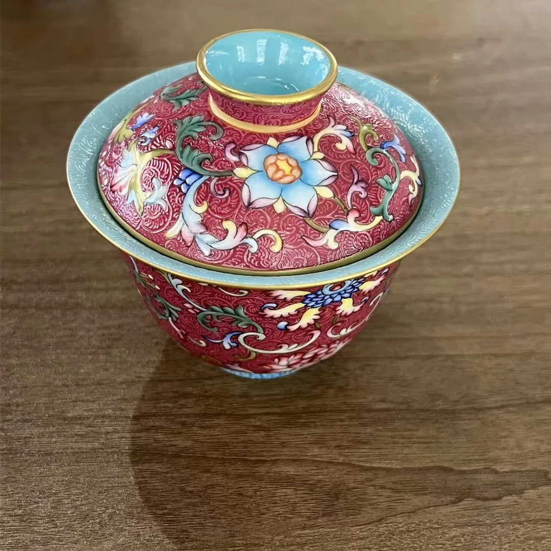 【古法柴窑】粉彩胭脂红地轧道缠枝莲花卉纹盖碗