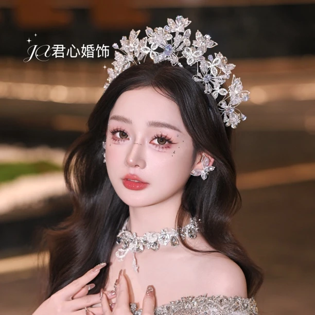 君心家 U301重工锆石波纹大王冠新娘主纱婚纱造型头饰皇冠耳环