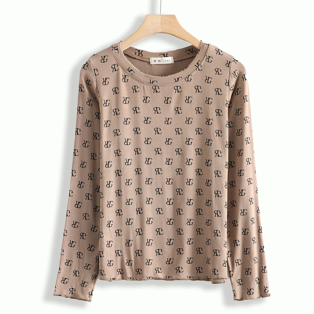 41601 轻潮字母！女士时尚印花圆领百搭套头长袖T恤休闲打底衫