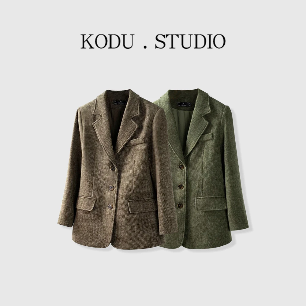 【刻度KODU】MS-5776秋季新品韩版时尚三粒扣翻领人字纹西服外套
