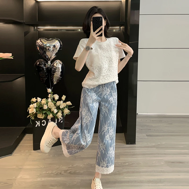 镂空绣花白色T恤女短袖夏季新款薄牛仔裤休闲裤洋气阔腿七分裤子