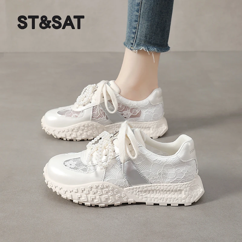 星期六薄款蕾丝透气德训鞋2025新款夏季女鞋百搭小众鞋子休闲板鞋