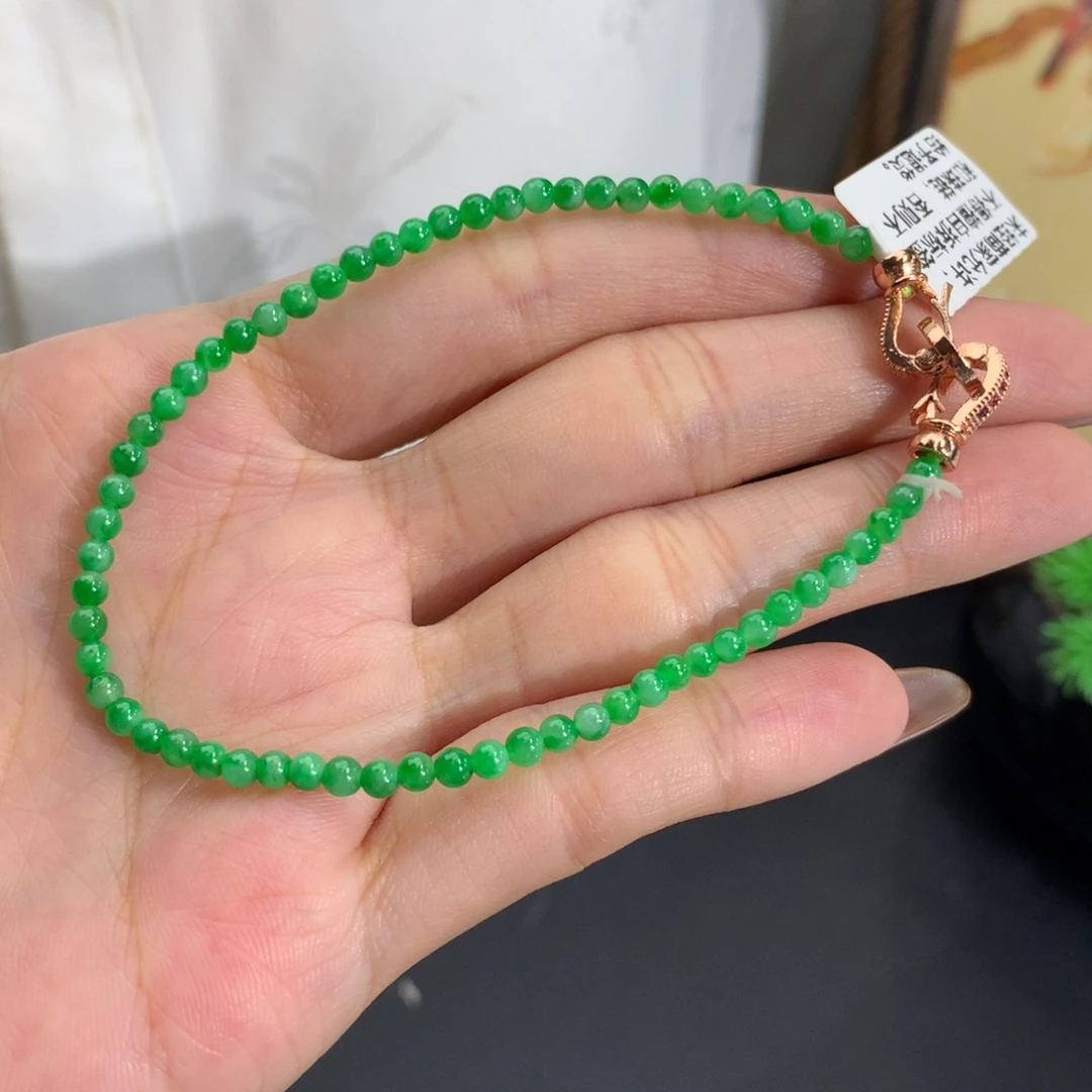 翡翠未镶嵌手串卡3细润阳绿飘花小米手串