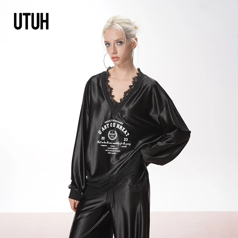 UTUH 黑色缎面珠光感V领蕾丝拼接街头风宽松上衣 TDWWS1N057