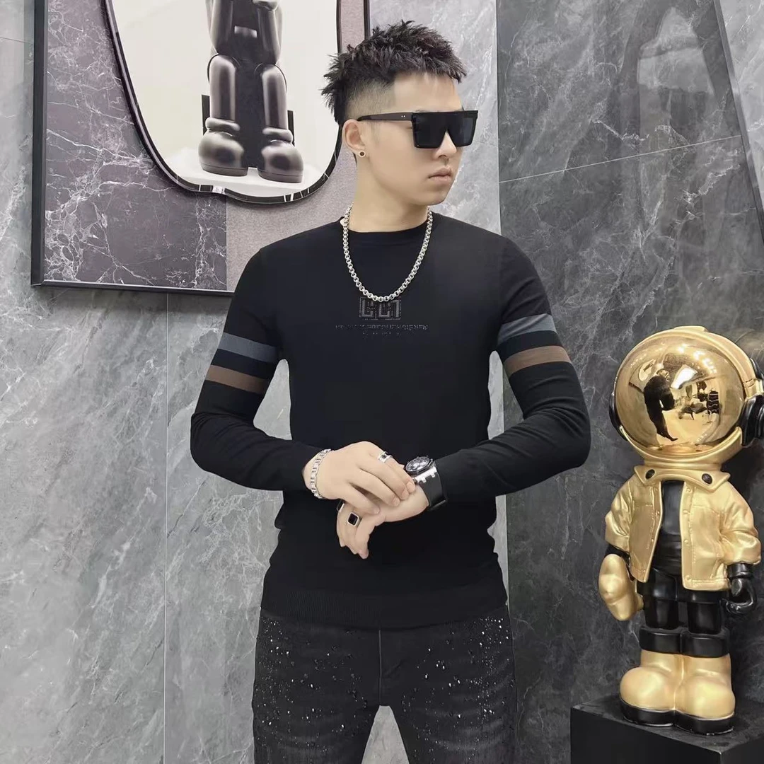 5701春秋圆领男士秋季绢丝绒毛衫百搭时尚毛衣休闲