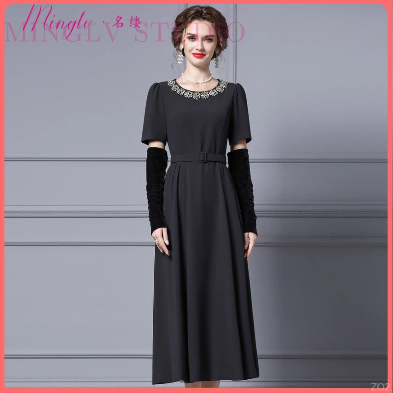 名缕时尚百搭漂亮连衣裙2025新款今年流行钉钻束腰带爆款长款裙子