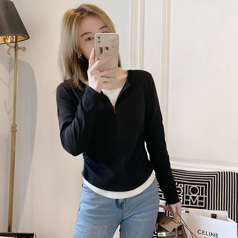 黑色胖mm显瘦打底衫女可外穿2025秋冬新款假两件修身收腰长袖t恤