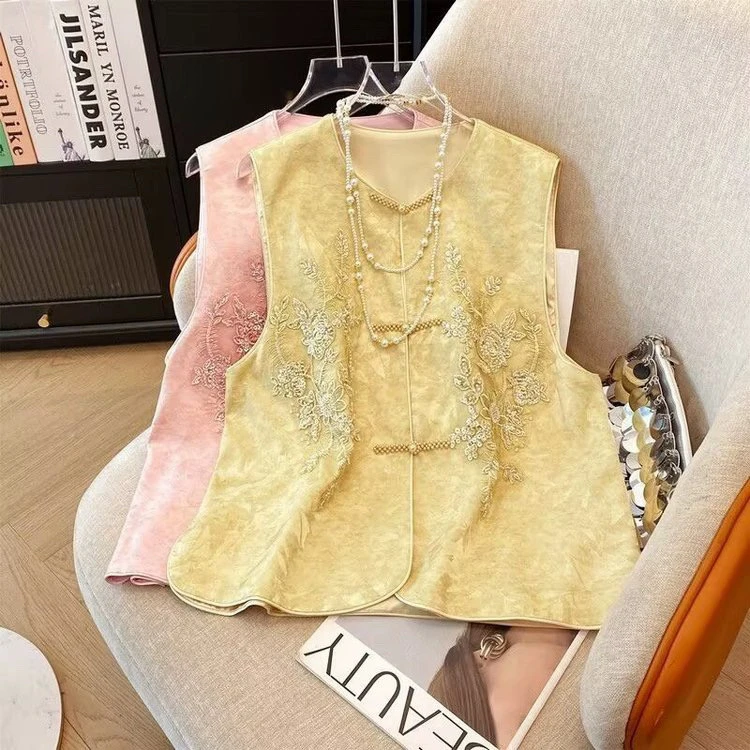 马甲复古女马夹珍珠盘扣蕾丝马甲显瘦夏季提花中国风上衣