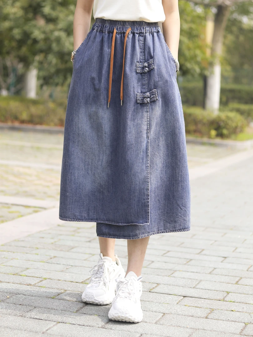 (浅笑）复古盘扣牛仔半身裙女夏宽松裙子显瘦百搭不规则开叉A字裙