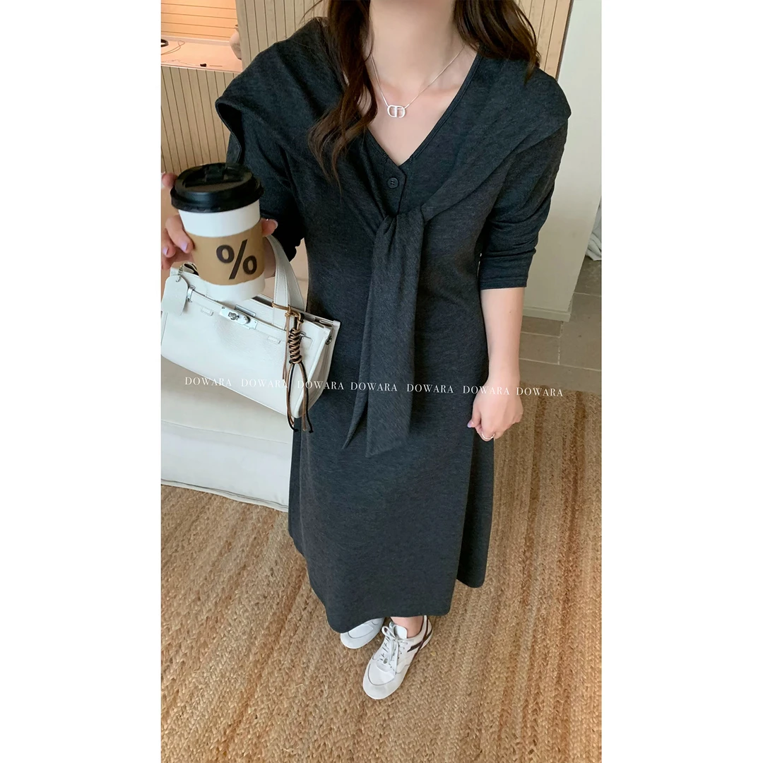 现货大婉酱微胖定制韩系温柔风连衣裙早春款设计感披肩裙子7723D