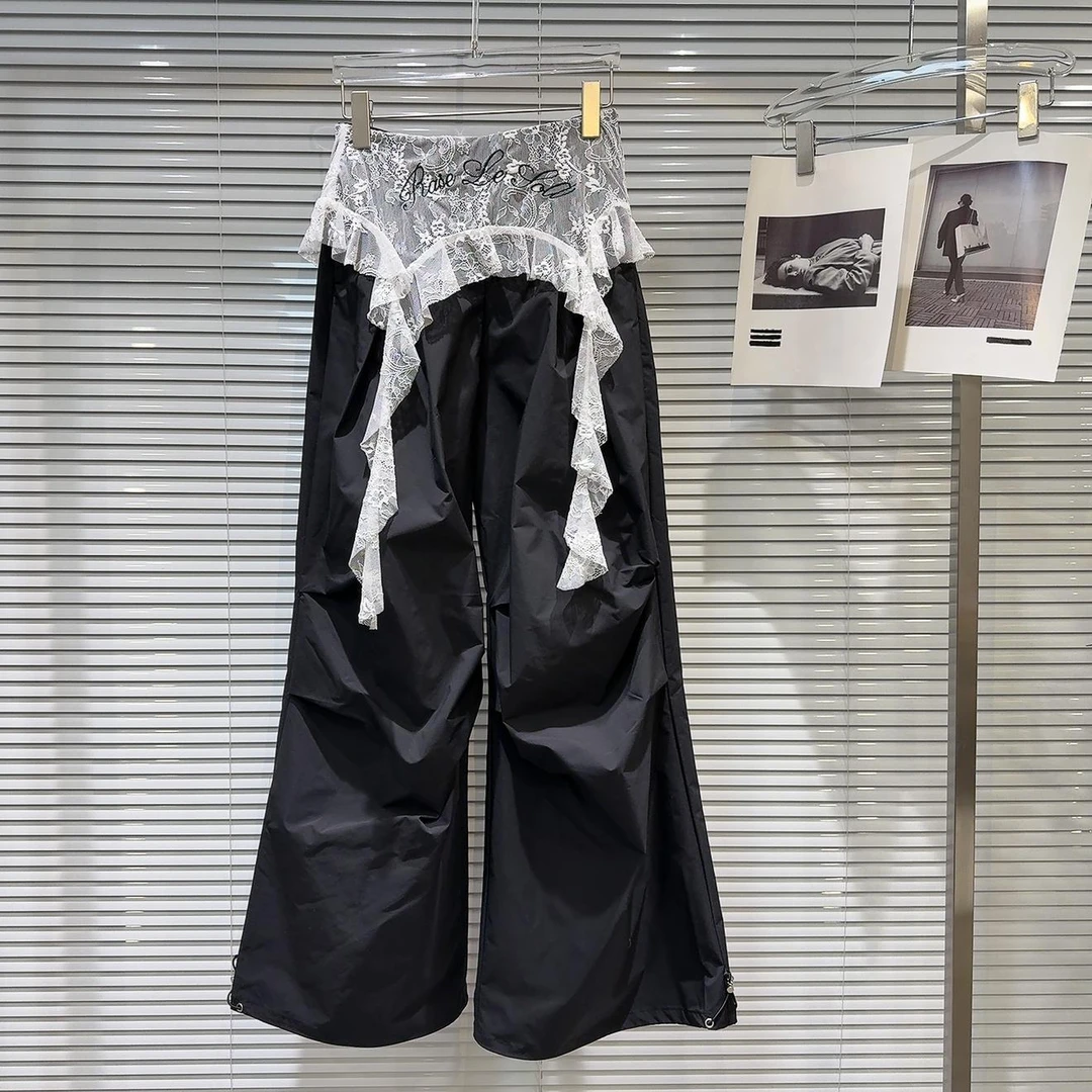网红同款2025春季新款小众个性蕾丝飘带裙摆腰头褶皱阔腿裤休闲裤