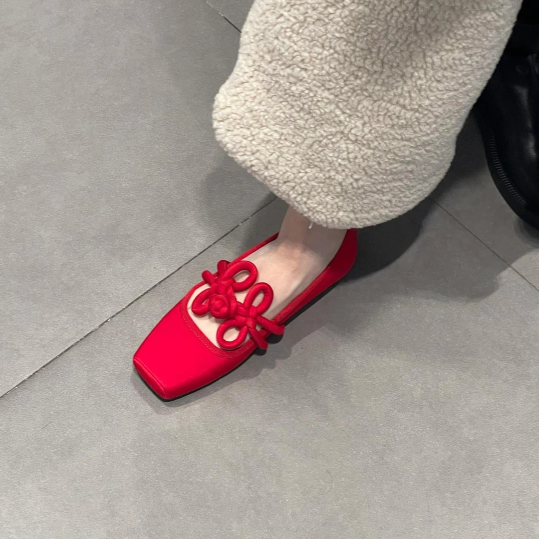 【澳门&专柜】羊皮版~新中式真皮红色玛丽珍单鞋女春绳结软底瓢鞋平