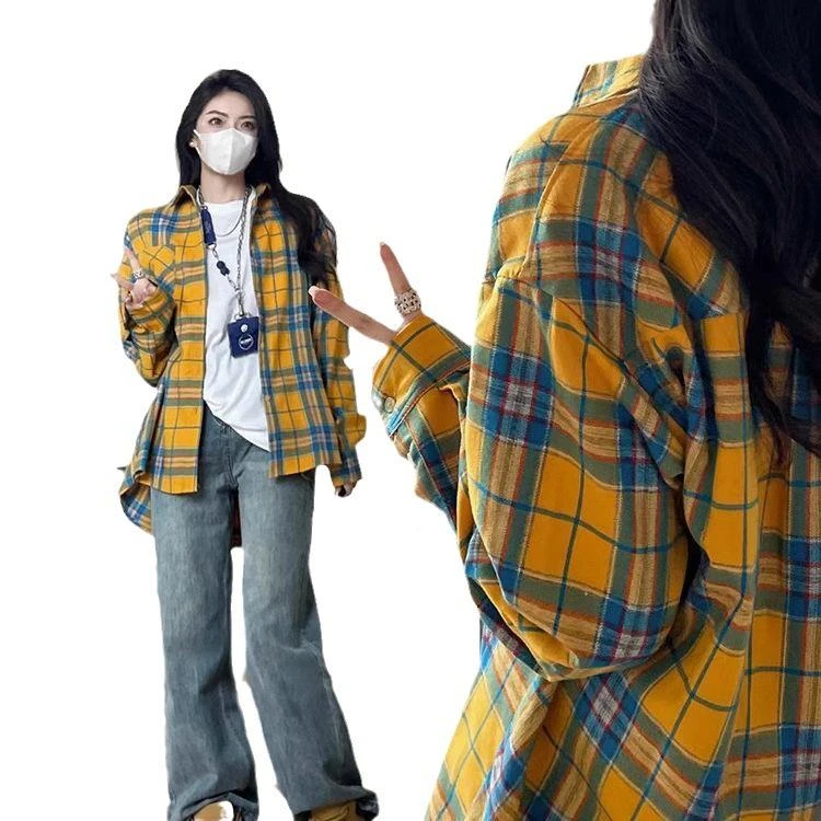 黄色格子衬衫衬衣女新款慵懒风小众宽松百搭长袖美式外套薄款