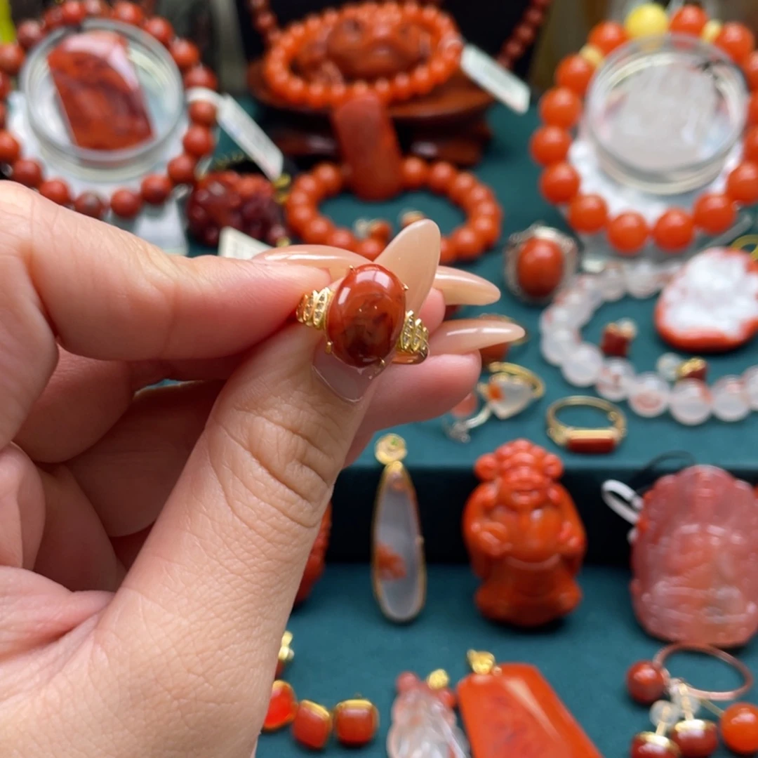 南红玛瑙银S925镶嵌川料南红火焰意境925银戒指