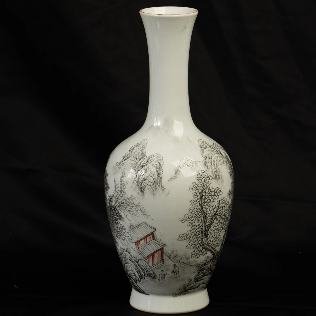 墨彩山水楼阁纹瓷器摆件