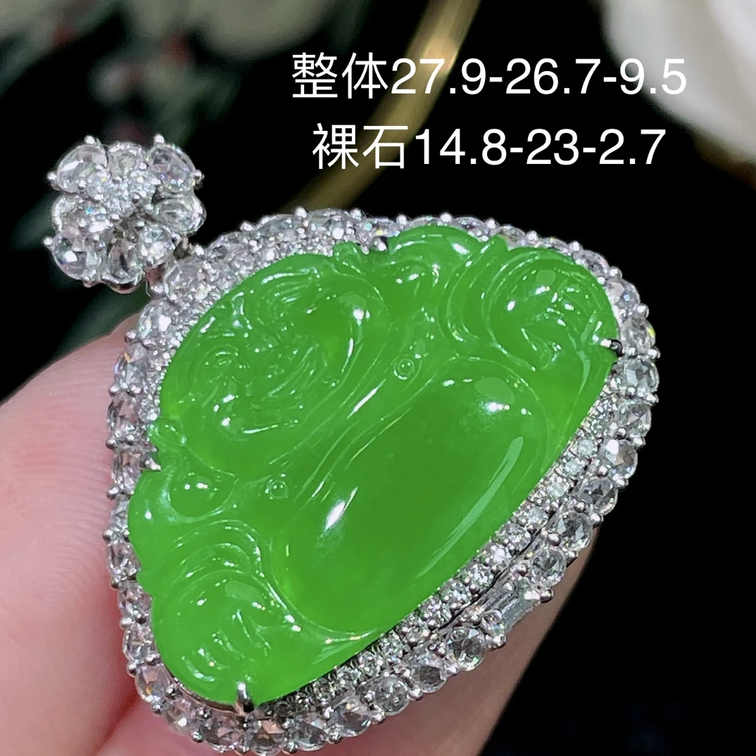 高端翡翠天然缅甸A货18k金镶嵌钻石阳绿浓阳绿辣绿满绿佛公吊坠