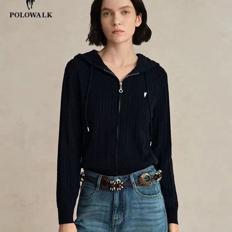 POLOWALK针织衫春秋季连帽软糯开衫