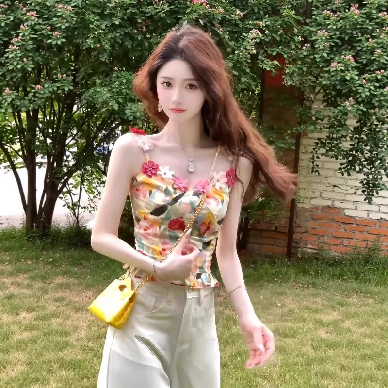 法式纯欲浪漫油画花朵吊带背心女夏外穿设计感辣妹修身无袖小上衣