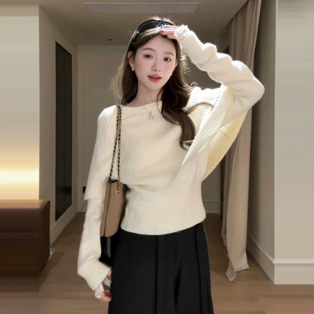 韩系假两件白色针织衫黑色长裤套装女秋冬2025新款一整套深冬穿搭