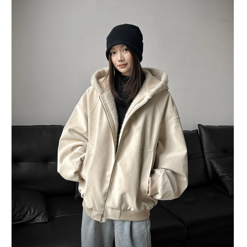 荔枝纹皮1500G连帽座山雕PU皮外套男女同款加绒加厚皮衣冬季棉衣