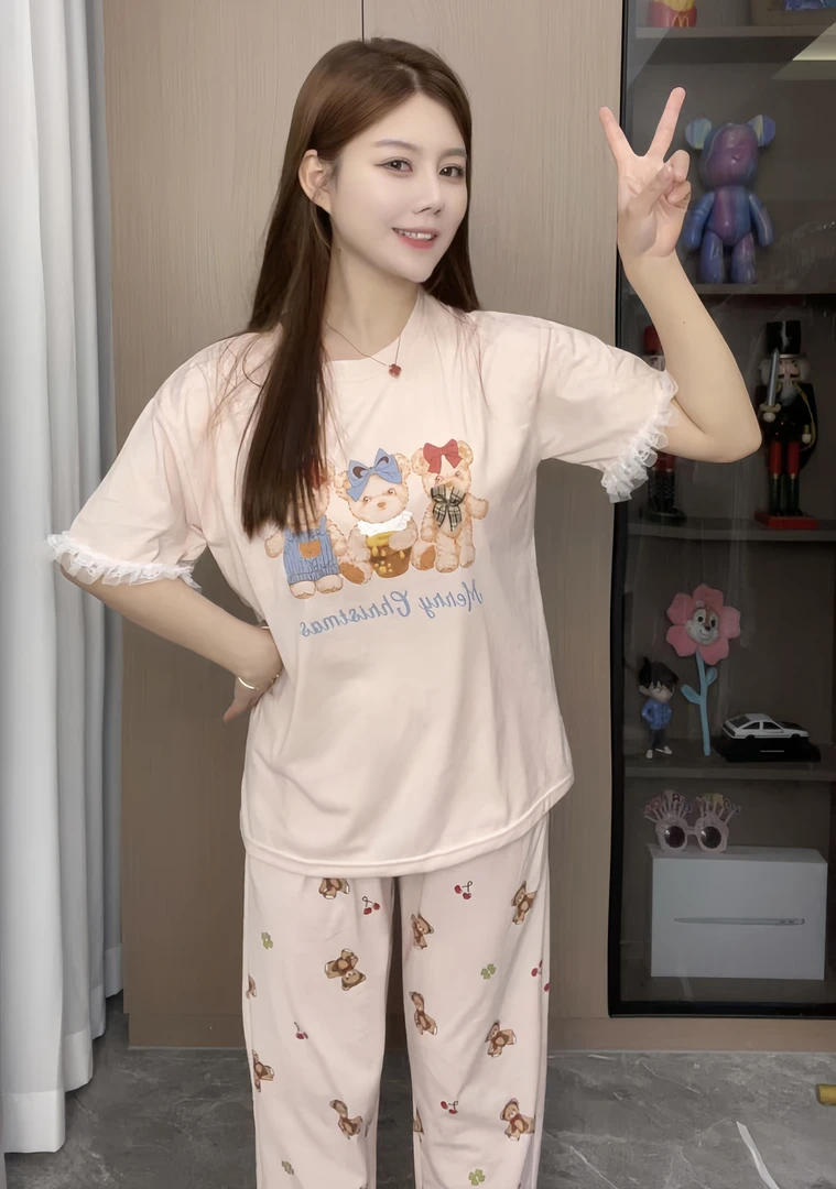 纯棉睡衣女夏季睡衣家居服韩版ins春夏可爱短袖小熊带胸垫套装