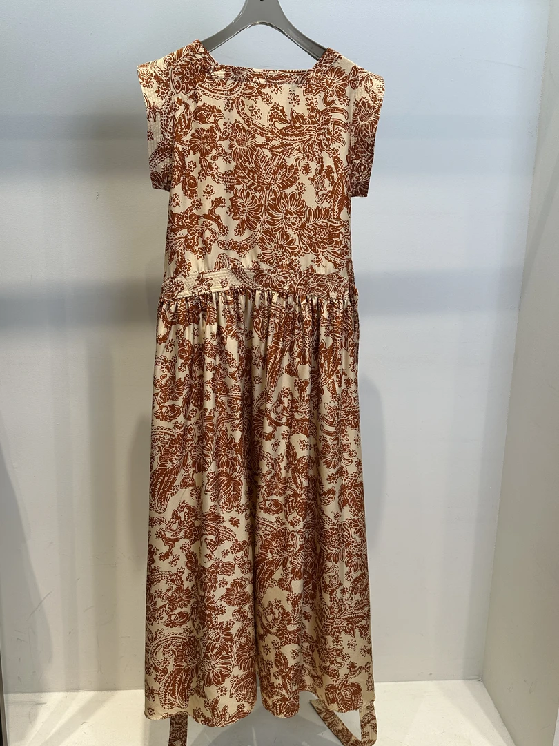 设计款老钱风100%桑蚕丝橘色印花连衣裙272-N24048