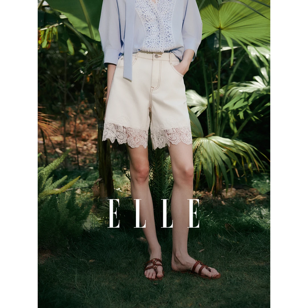 ELLE白色蕾丝花边拼接牛仔短裤女2025夏季新款高级EQ51165