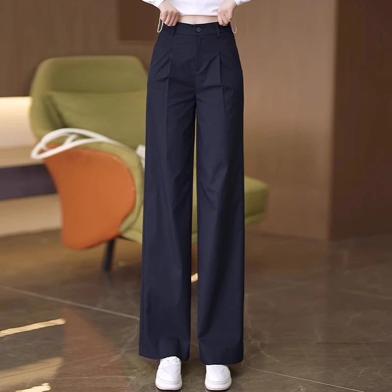 艾格休闲窄版直筒裤薄款夏季西装裤女2025春秋高腰垂感阔腿女裤子