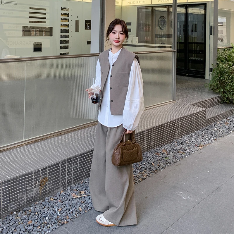 韩系风格穿搭一整套咖色马甲阔腿裤两件套2025新款超好看休闲套装