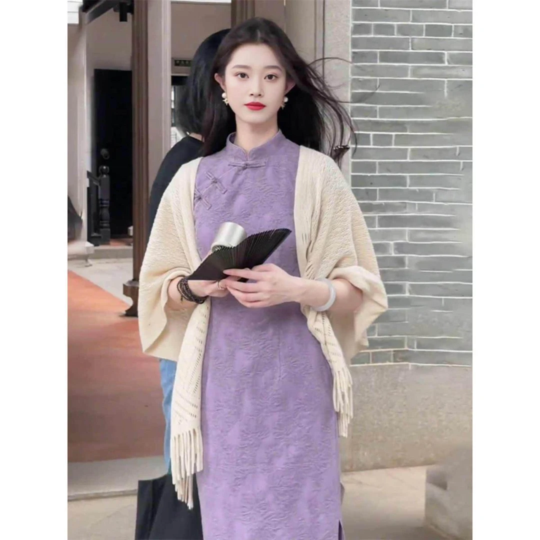 【温辞】紫色新中式提花改良旗袍裙女2025春夏复古收腰长裙连衣裙